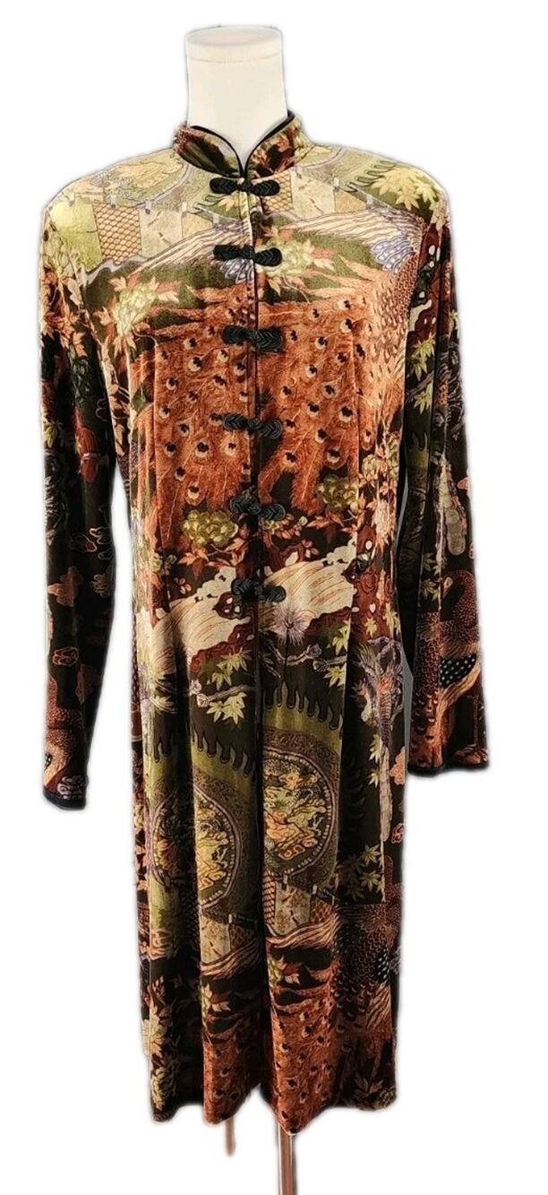 Vtg Clio Velvet Kimono Jacket Asian Peacock Dragon Hi Slit Frog Closure Sz Large